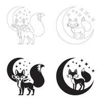 Mystical Fox with Moon and Stars Silhouettes in Flat and Outline Styles vector