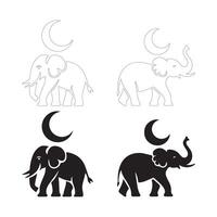 Elegant Elephant Silhouettes with Crescent Moon in Flat and Outline Styles vector