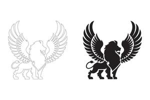 Striking Black and White Winged Lion Illustrations for Versatile Applications vector
