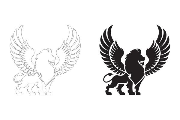 Striking Black and White Winged Lion Illustrations for Versatile Applications