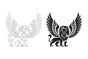 Majestic Winged Lion Silhouettes in Flat and Outline Styles vector