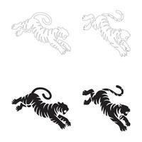 Dynamic Leaping Tiger Silhouettes in Flat and Outline Styles vector