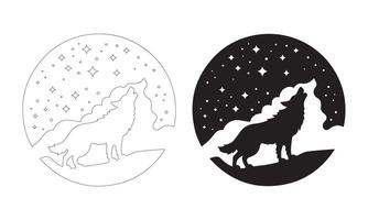 Majestic Wolf Howling with Starry Sky Silhouettes in Flat and Outline Styles vector
