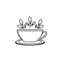 Simple line sketch teacup and saucer delicate. vector