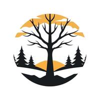 Silhouette art bare tree and evergreen pines design. vector