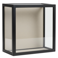 A close up of a black framed display case with glass panels and a neutral colored fabric backing inside transparent background png