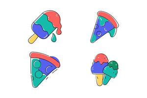 Whimsical Cartoon Food Illustration Featuring Melting Ice Cream Cones and Colorful Pizza Slices in Art Style vector
