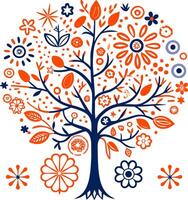 Vibrant Abstract Tree Illustration with Colorful Floral Patterns and Symmetrical Design, Depicting a Whimsical Nature Theme vector