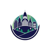 Urban Cityscape and Nature Illustration Featuring a Vibrant Skyline with Trees in a Park Setting vector