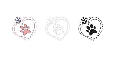 Heart and Paw Print Illustration in Three Styles - Color, Outline, and Black vector