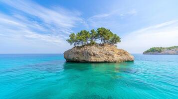 Rocky Islet with Pine Trees in Clear Turquoise Sea photo