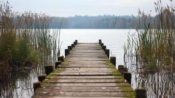 Old Wooden Dock Leading into a Calm Lake with Reeds photo