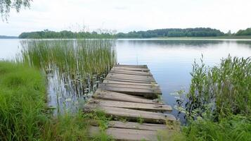 Rustic Wooden Pier on a Serene Lake with Distant Forest photo