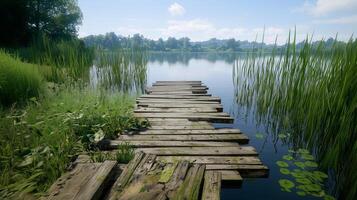 Tall Reeds and Typha Growing Near an Old Dock on a Lake photo