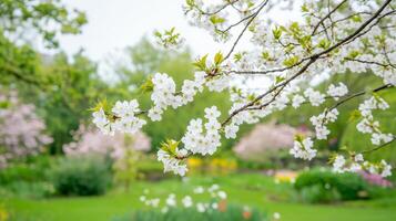 Tree Branches with White Flowers and Bright Background photo