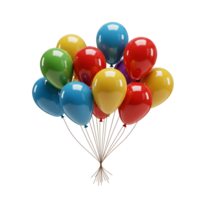 A vibrant cluster of party balloons in assorted colors tied together with thin strings isolated transparent background png