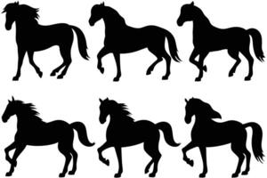 collection of black silhouette illustrations of horses in different stances. vector