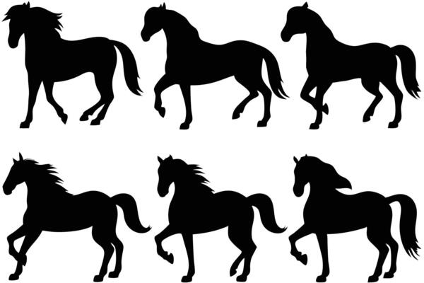 collection of black silhouette illustrations of horses in different stances.