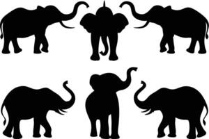 Simple black silhouettes of elephants in different stances against a white background. vector
