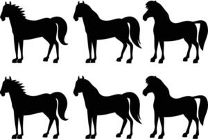 This image features a collection of black silhouette illustrations of horses in different stances. vector