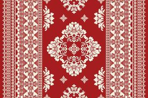 Seamless white floral damask shape with geometric ethnic tradition pattern texture on red background vector