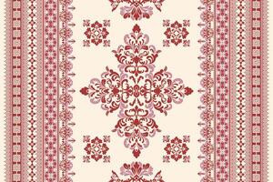 Seamless red and pink floral damask shape with geometric ethnic tradition pattern texture on pastel yellow and white background vector