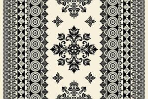 Seamless black floral damask shape with geometric ethnic tradition pattern texture on pastel yellow background vector