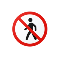 A prohibition sign with a silhouette of a person walking inside a red circle with a diagonal line transparent background png