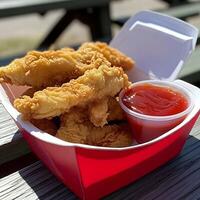 a container of fried chicken and ketchup on a picnic table photo