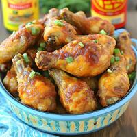 chicken wings in a bowl with a bottle of sauce and a bottle of ketchup photo