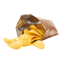 Open bag of potato chips spilling out isolated on a plain surface in a studio shot close up view transparent background png