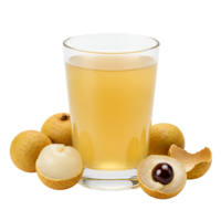 A glass filled with juice surrounded by several longan fruits on a plain solid color surface transparent background png