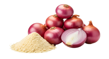 A pile of red onions with one cut in half and a mound of powder on a plain surrounding area transparent background png