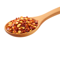 A wooden spoon filled with vibrant red pepper flakes against a simple solid color backdrop view close up transparent background png
