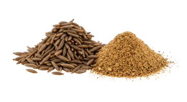 Close up of whole and ground cumin piles against a solid color studio shot for product photography transparent background png