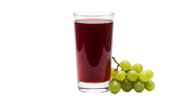 A glass of grape juice next to a bunch of green grapes on a plain simple studio style background transparent background png