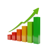 A colorful bar graph showing growth with an upward trending arrow on a simple plain setting transparent background png
