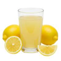 A glass of yellow liquid with whole and sliced lemons on a plain colored simple studio scene view transparent background png