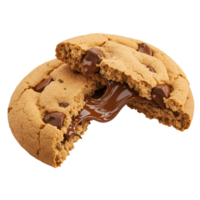 A broken cookie with chocolate chips and melted chocolate on a plain colored surface close up shot transparent background png