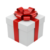 A white present box with a vibrant red ribbon and bow isolated on a plain surrounding space transparent background png