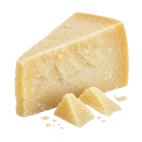A wedge of parmesan cheese with smaller pieces on a plain backdrop in a studio setting with light transparent background png