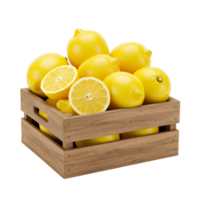 A wooden crate filled with several bright yellow lemons and lemon halves on a simple setting transparent background png
