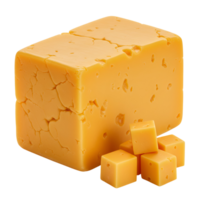 A large block of cheddar cheese with smaller cubes around it on a plain studio style setting transparent background png