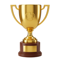 A shiny trophy with a star emblem on a wooden base gleaming against a simple plain backdrop transparent background png