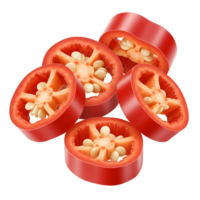 A vibrant stack of sliced chili peppers displaying their seeds on a plain, solid color setting stage transparent background png