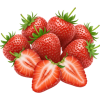 Arrangement of several ripe strawberries with green stems and two halved on a plain backdrop transparent background png