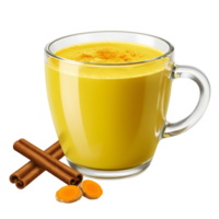 A glass mug filled with golden milk alongside cinnamon sticks and turmeric slices on a plain setting transparent background png
