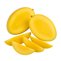 Two whole mangos and four mango slices arranged on a solid color plain simple studio style photograph transparent background png