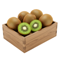 A wooden box containing several whole kiwis and two kiwi halves on a plain backdrop scene transparent background png