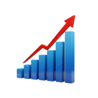 A rising graph with blue bars and a red arrow indicating positive growth on a simple presentation transparent background png